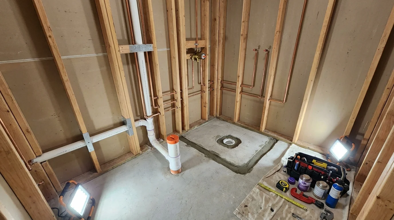 Bathroom rough-in plumbing during remodel by Johns Plumbing LLC in Carmel
