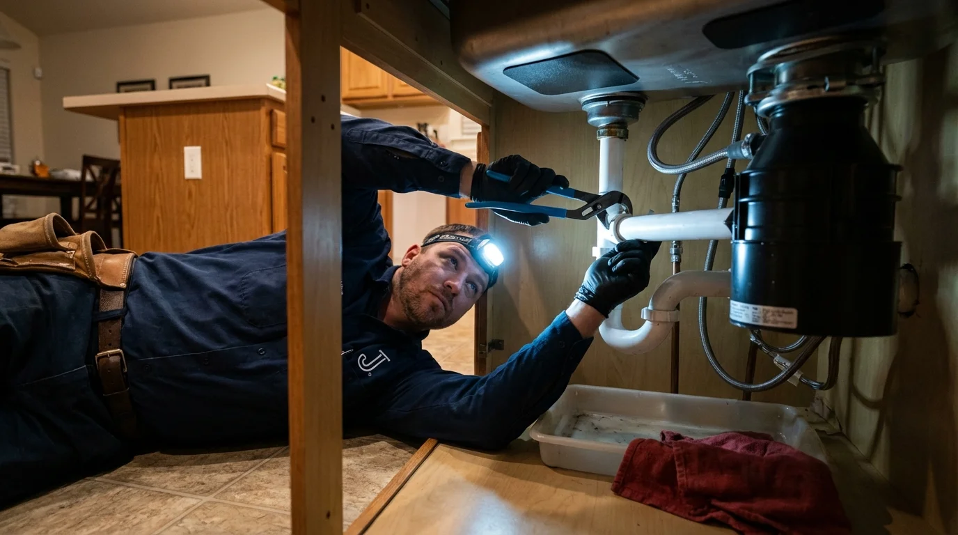 P-trap and supply line connections under a kitchen sink showing a common leak point in Carmel, NY